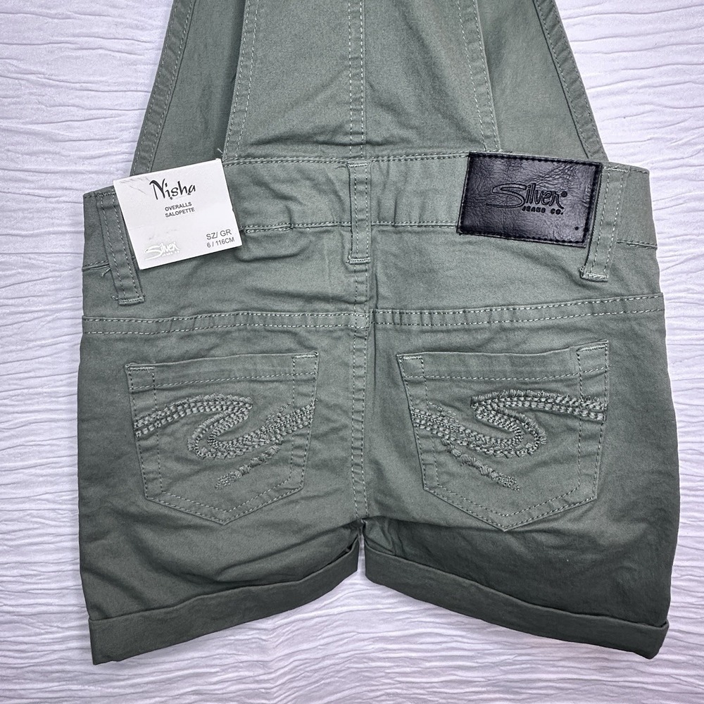 Silver Jeans Co Green Nisha Short Overalls Adjustable Straps Girls 6 NWT - Picture 8 of 12